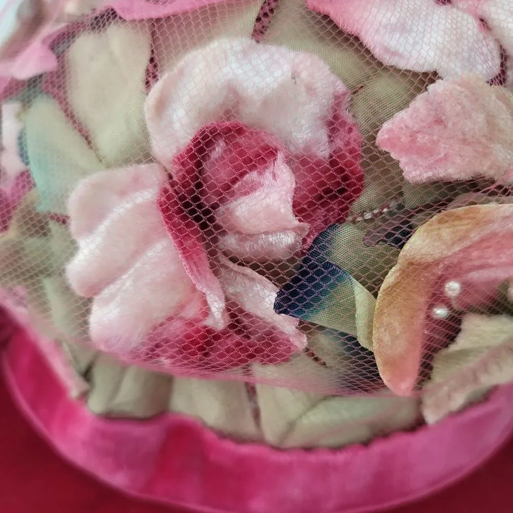 Vintage 1950s originals by Lee Bury of Dallas flower mesh and velvet hat pink - Picture 2 of 11